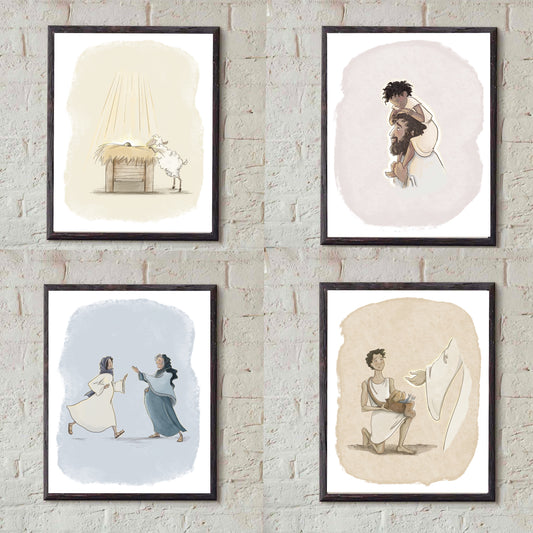 Nursery Art  - Mary & Elisabeth - Lamb with Manger - Jesus with Child - Boy with Loaves & Fish - Jesus Ministry - Begin with Bible-Bible Inspired Prints