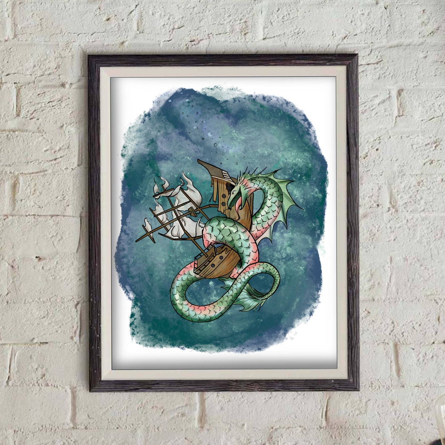 Sea Monster Hugging a Ship- Print