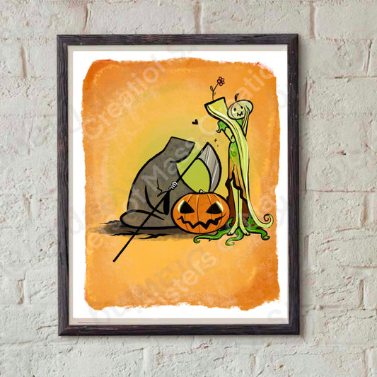 Grim Reaper and Life carving pumpkins (Print)