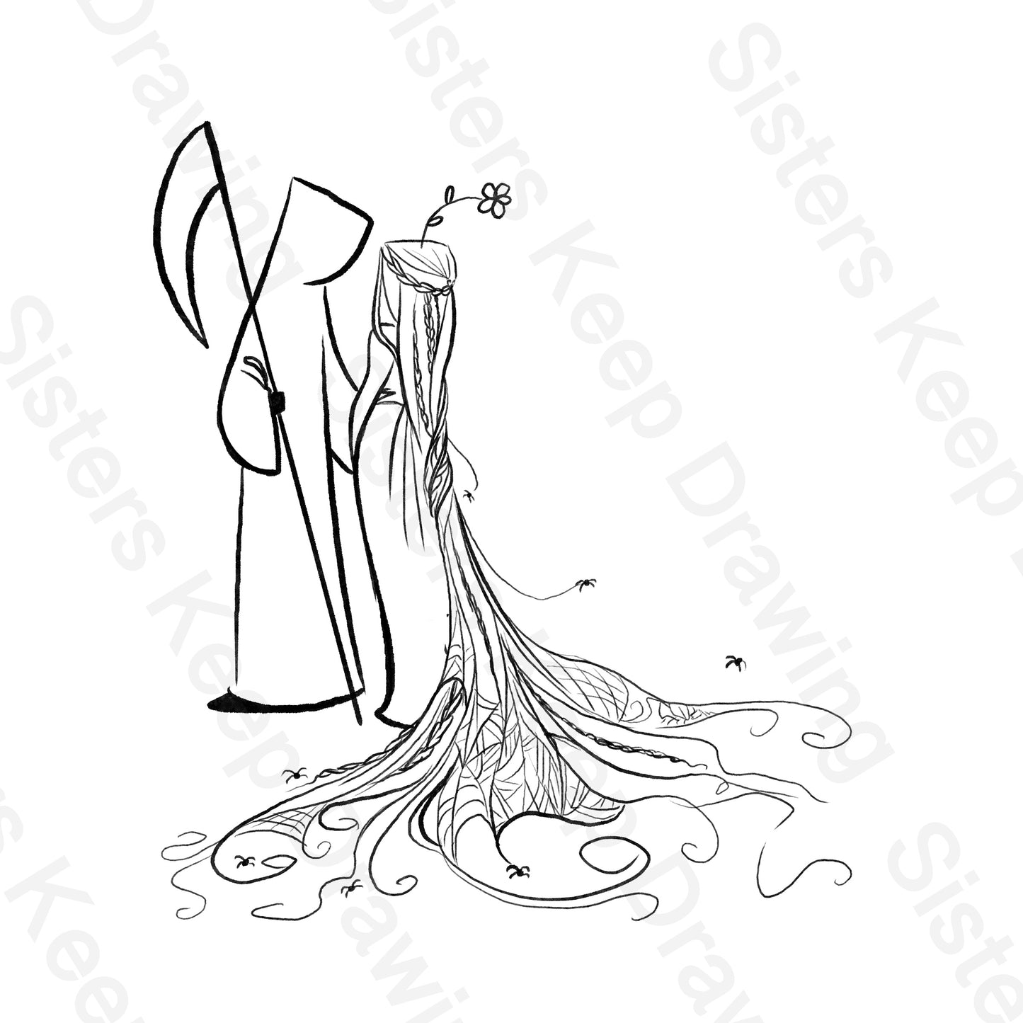 Grim and Life spiders braiding Life’s hair - Tattoo Transparent PNG