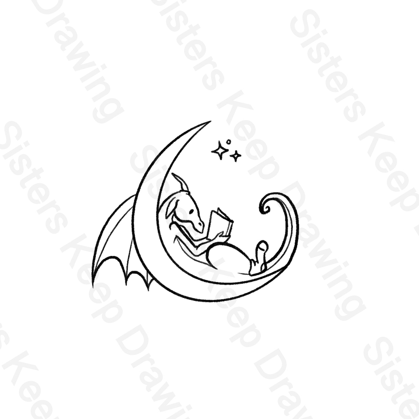 Tiny Dragon reading on the moon -Tattoo Transparent Permission PNG- instant download digital printable art