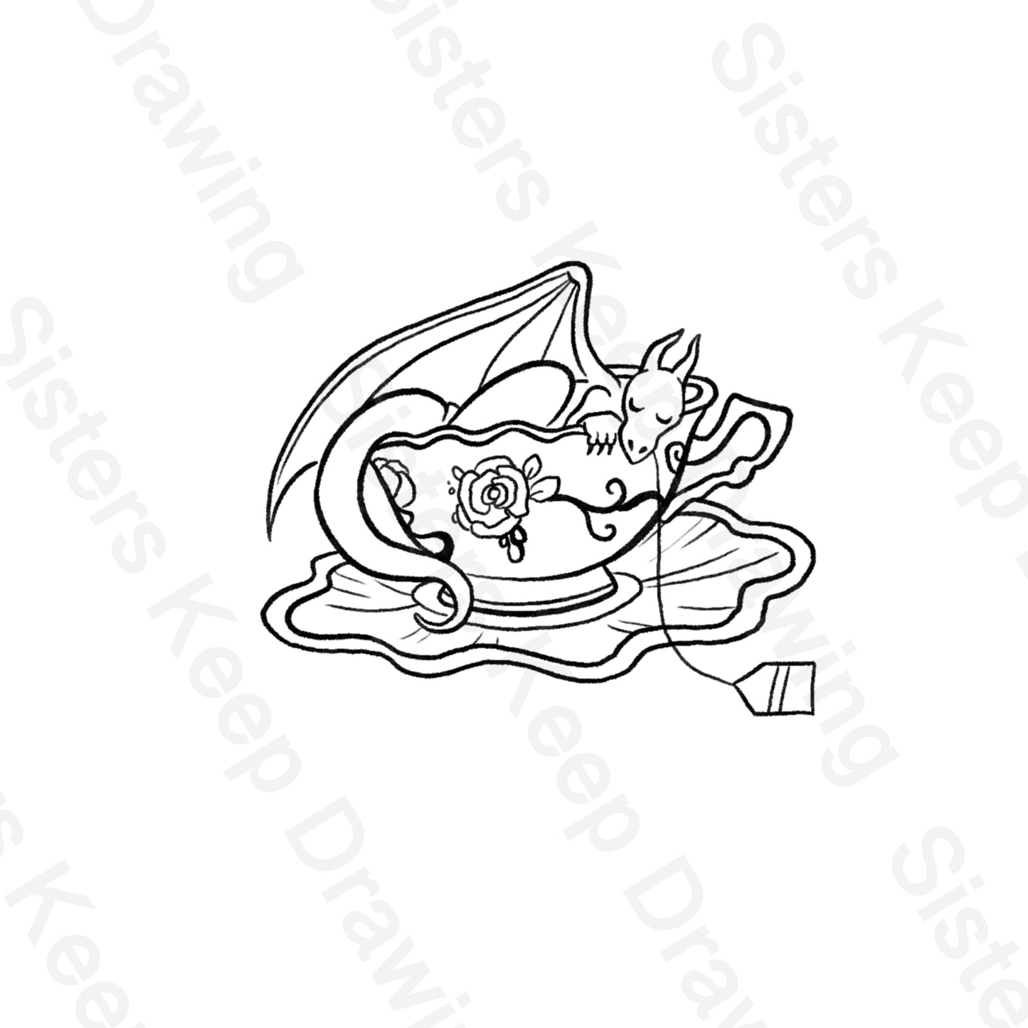 Tiny Dragon sleeping in a teacup -Tattoo Transparent Permission PNG- instant download digital printable artw