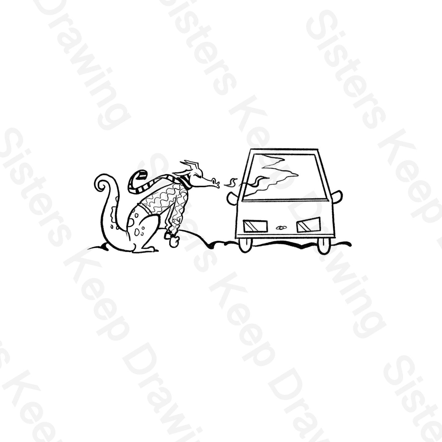 Tiny Dragon uses flame to get ice off his windshield-Tattoo Transparent Permission PNG- instant download digital printable artw