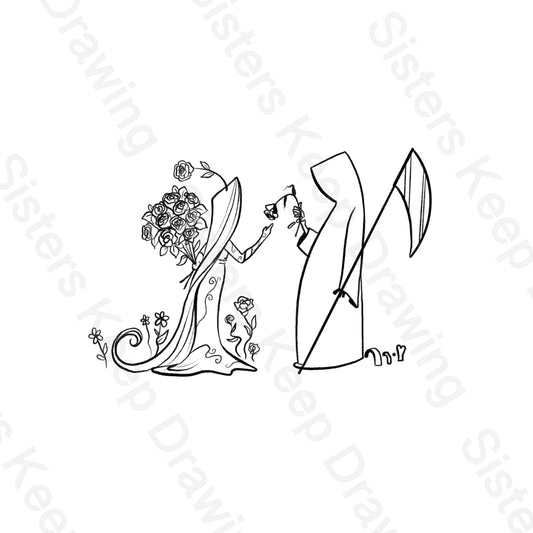 Grim Reaper gives Life a wilted rose -Transparent PNG