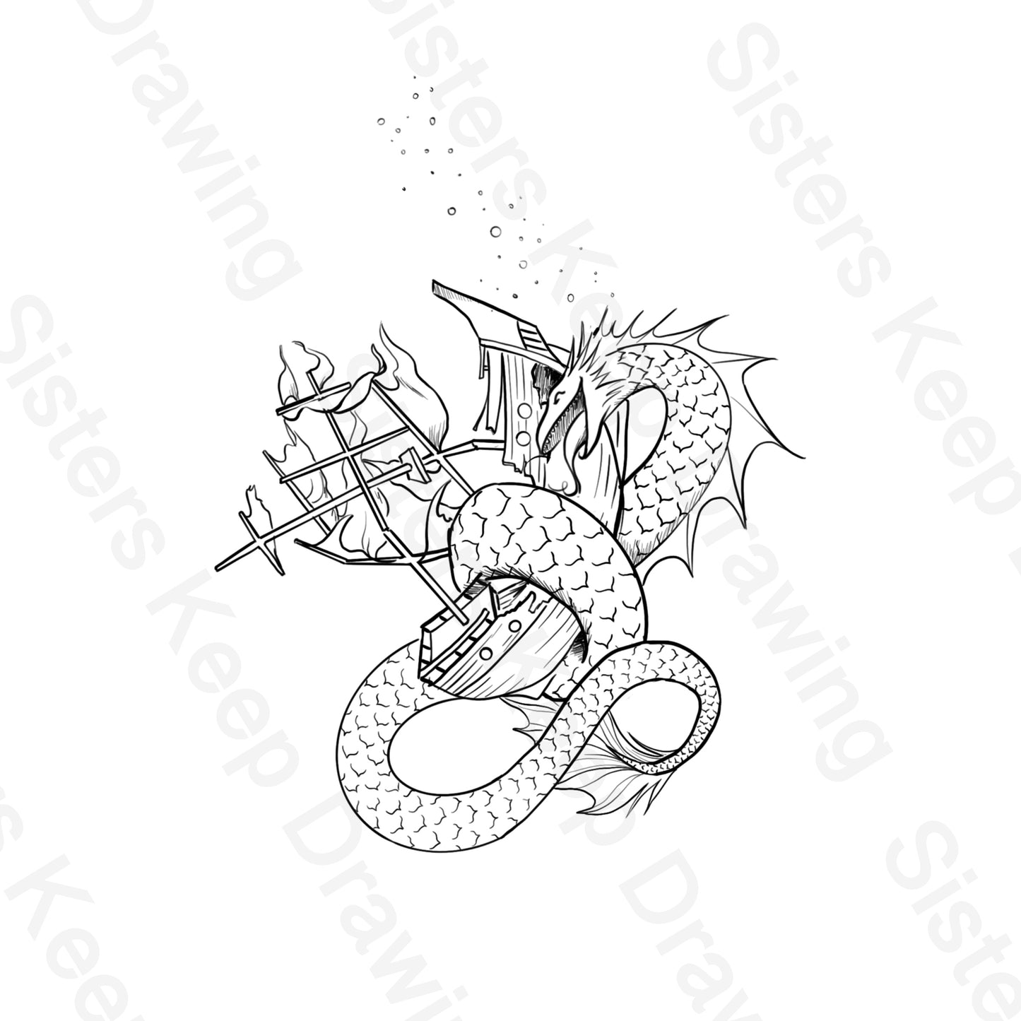 Sea Monster Hugging a Ship -Tattoo Transparent Permission PNG- instant download digital printable