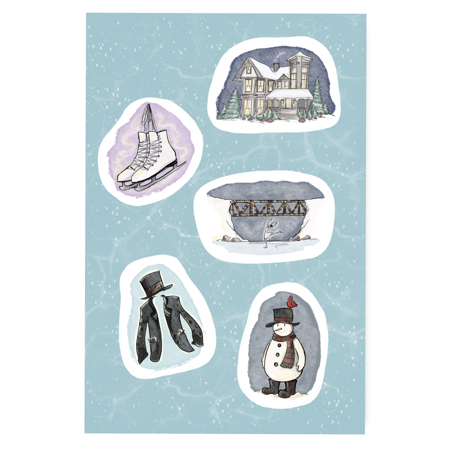 Snowman on Ice -Skating -Christmas themed Sticker Sheet