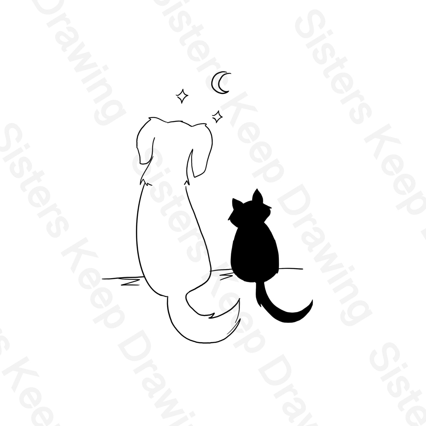 Black Cat & Golden Retriever Stargazing - Tattoo Transparent Permission PNG- instant download digital printable artwork