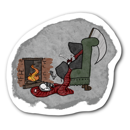 Grim Reaper Knitting by the Fire- Bubble free sticker J11