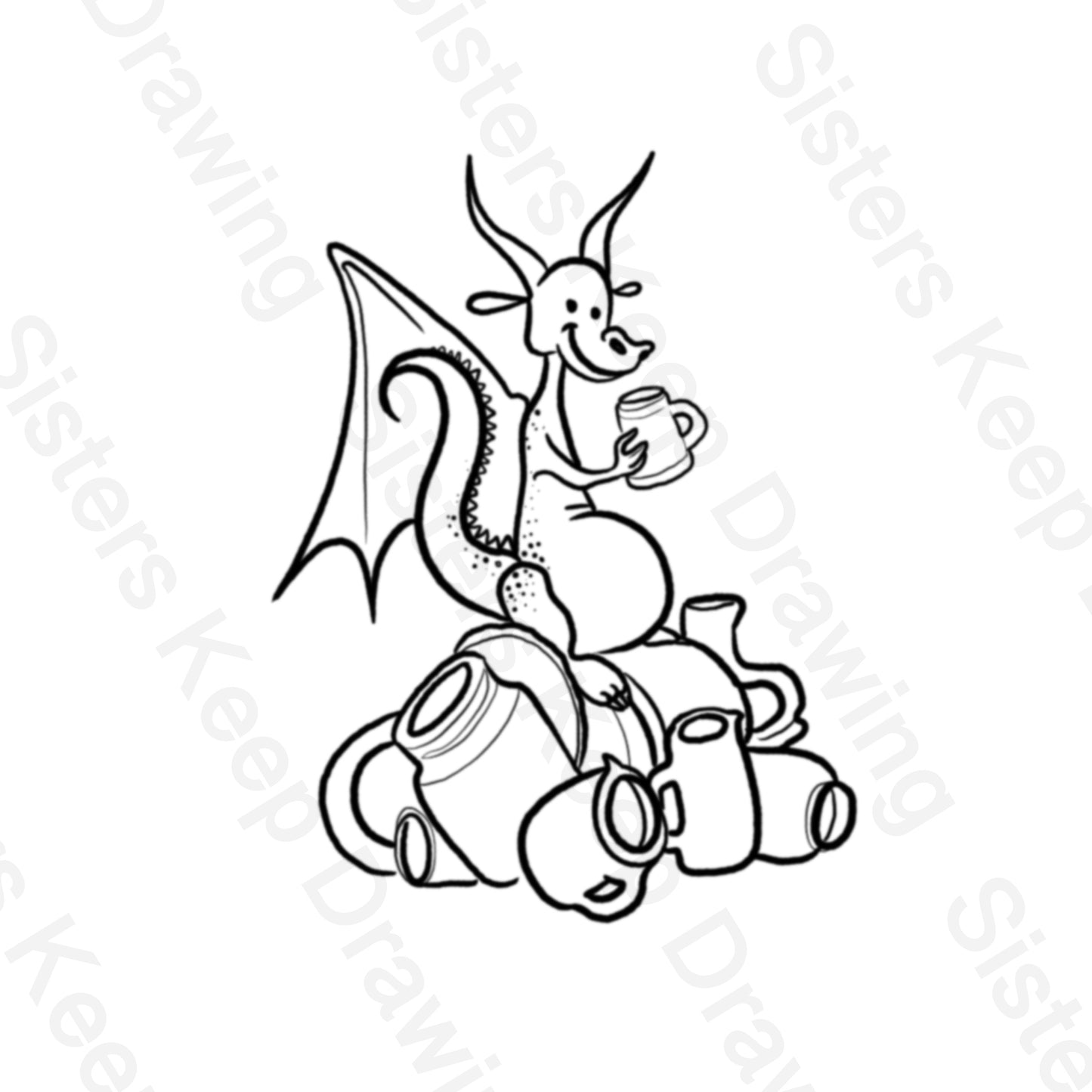 Tiny Dragon with Pottery  - Tattoo Transparent Permission PNG- instant download digital printable artwork