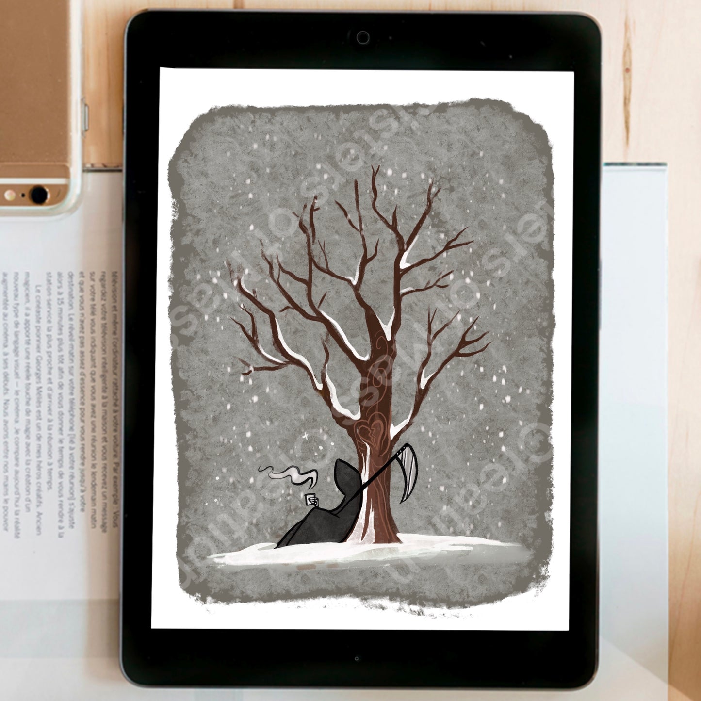Grim Reaper and Life winter instant download digital printable artwork