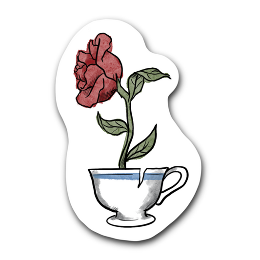 Beauty and The Beast- Rose in Chipped Cup Bubble free sticker H15