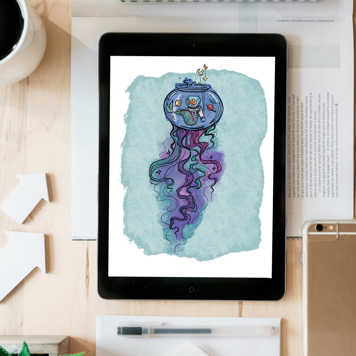 Jellyfish, Astronaut, Mermaid, Fish - instant download digital printable artwork